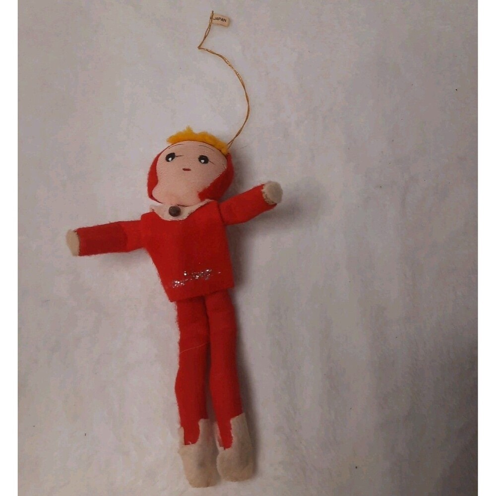VTG 1960s Japan Christmas Elf Ornament Felt Red Suit Blonde Hair Holiday Decor